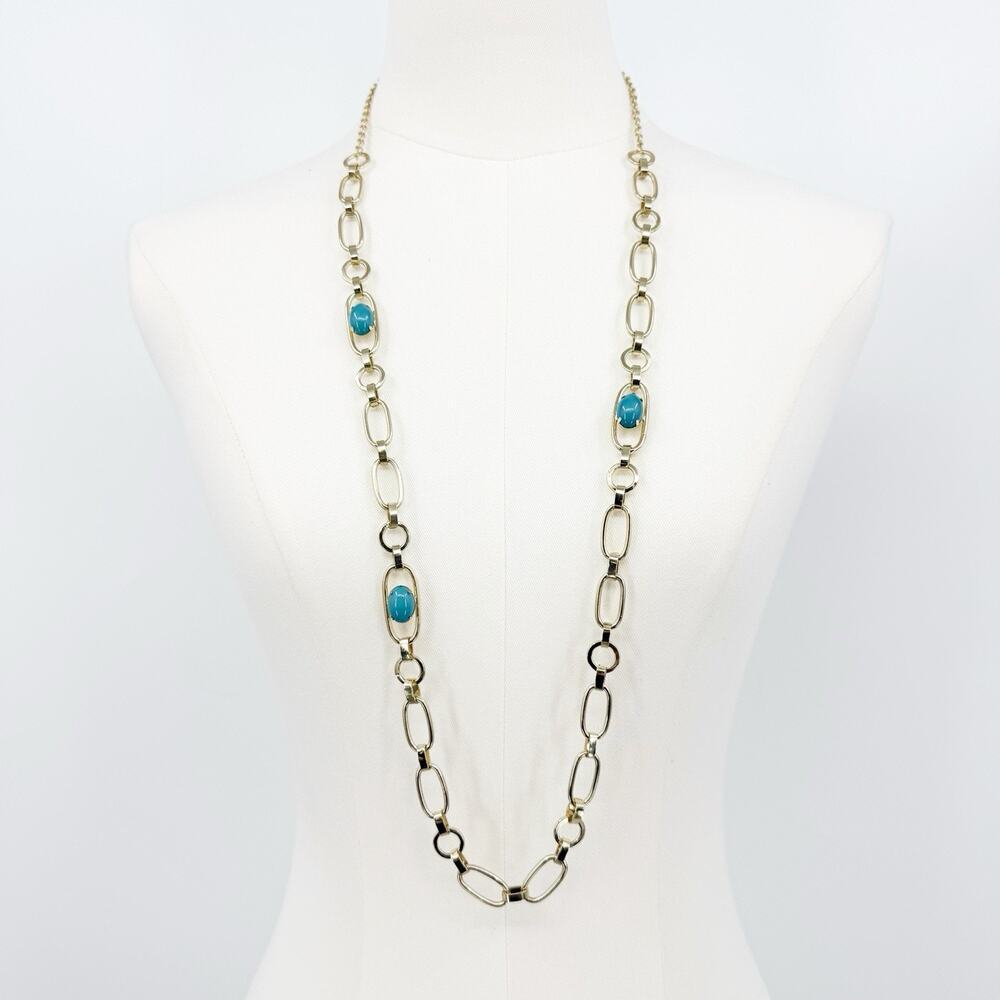 Banana Republic Gold Tone Chain Necklace Turquoise Bead Long Statement
